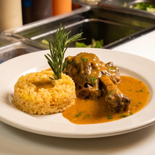 Plate with braised meat, rice, and gravy, garnished with rosemary, on a kitchen counter.