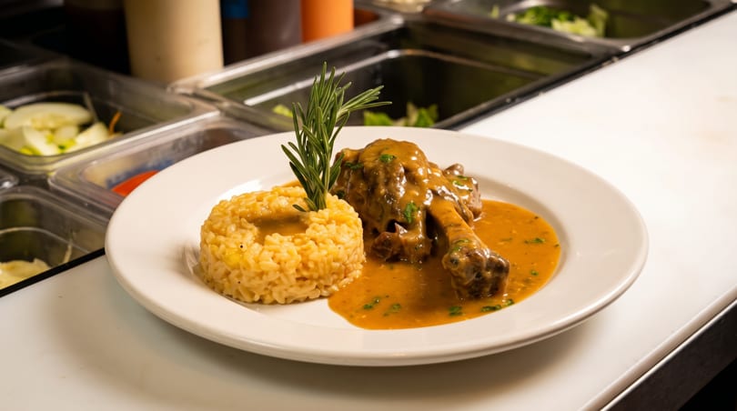 Plate with braised meat, rice, and gravy, garnished with rosemary, on a kitchen counter.