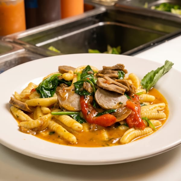 Plate of cavatelli pasta with sausage, spinach, and tomatoes in a savory sauce.