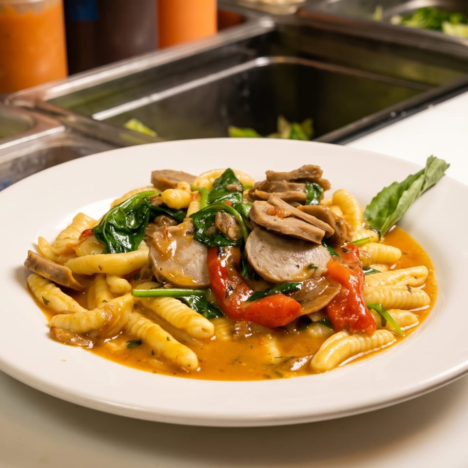 Plate of cavatelli pasta with sausage, spinach, and tomatoes in a savory sauce.