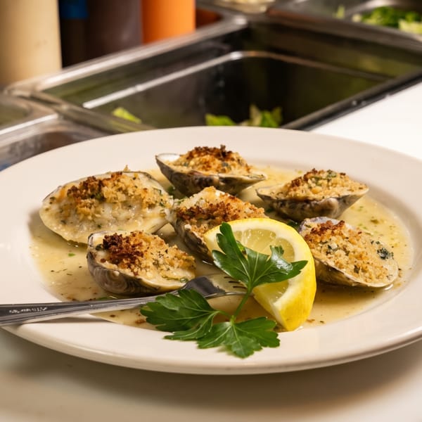 Six baked clams topped with breadcrumbs, lemon, and parsley on a white plate.
