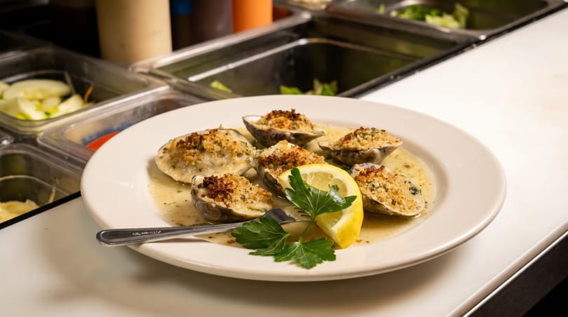 Six baked clams topped with breadcrumbs, lemon, and parsley on a white plate.