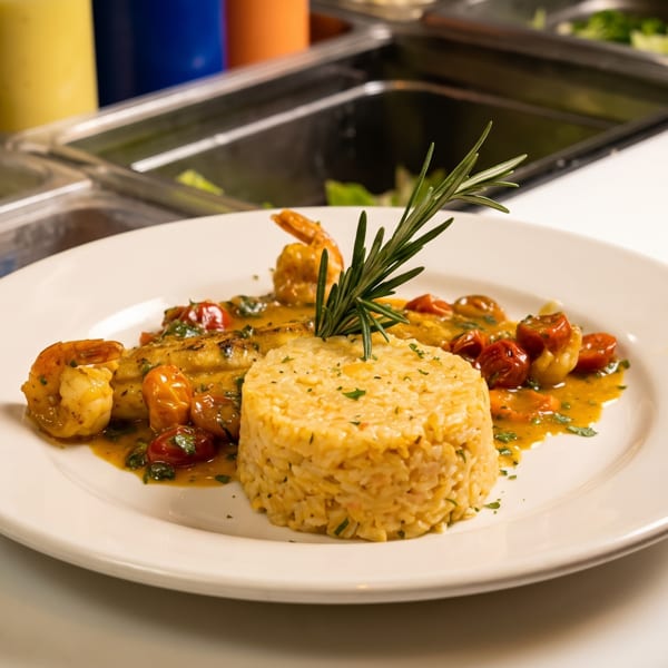 Plated seafood dish with rice, shrimp, fish, cherry tomatoes, and rosemary garnish in a restaurant kitchen.