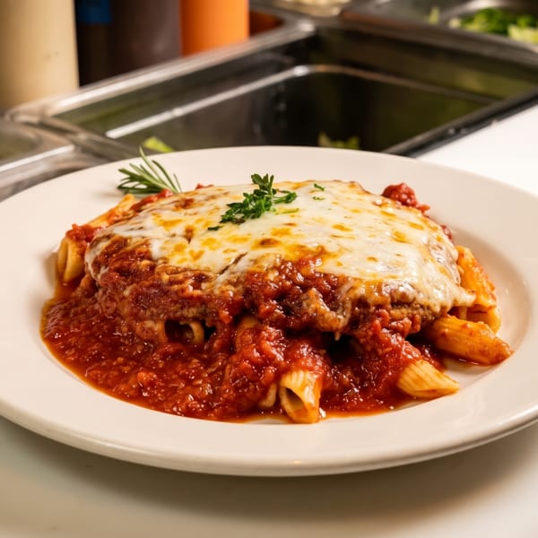 Penne pasta with rich red sauce and melted mozzarella cheese, garnished with fresh herbs.