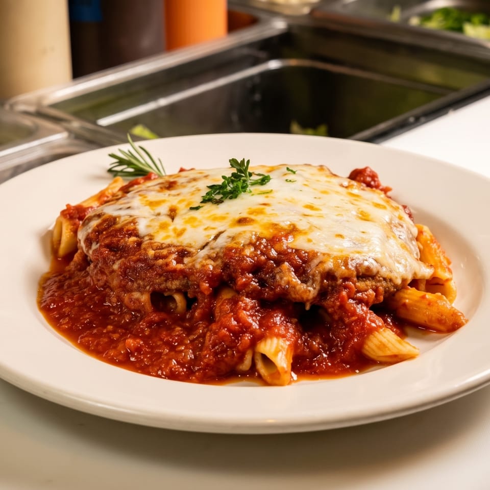 Penne pasta with rich red sauce and melted mozzarella cheese, garnished with fresh herbs.