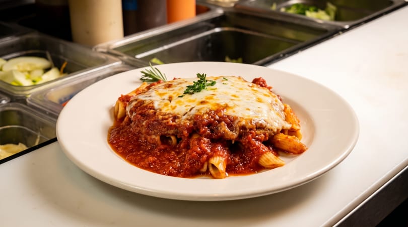 Penne pasta with rich red sauce and melted mozzarella cheese, garnished with fresh herbs.
