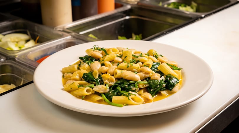 Rigatoni pasta with white beans and spinach in a light sauce on a white plate.