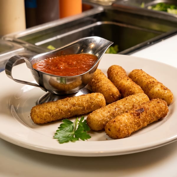 Six golden mozzarella sticks with marinara sauce in a gravy boat, garnished with parsley.