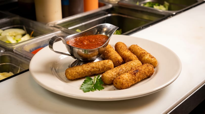Six golden mozzarella sticks with marinara sauce in a gravy boat, garnished with parsley.